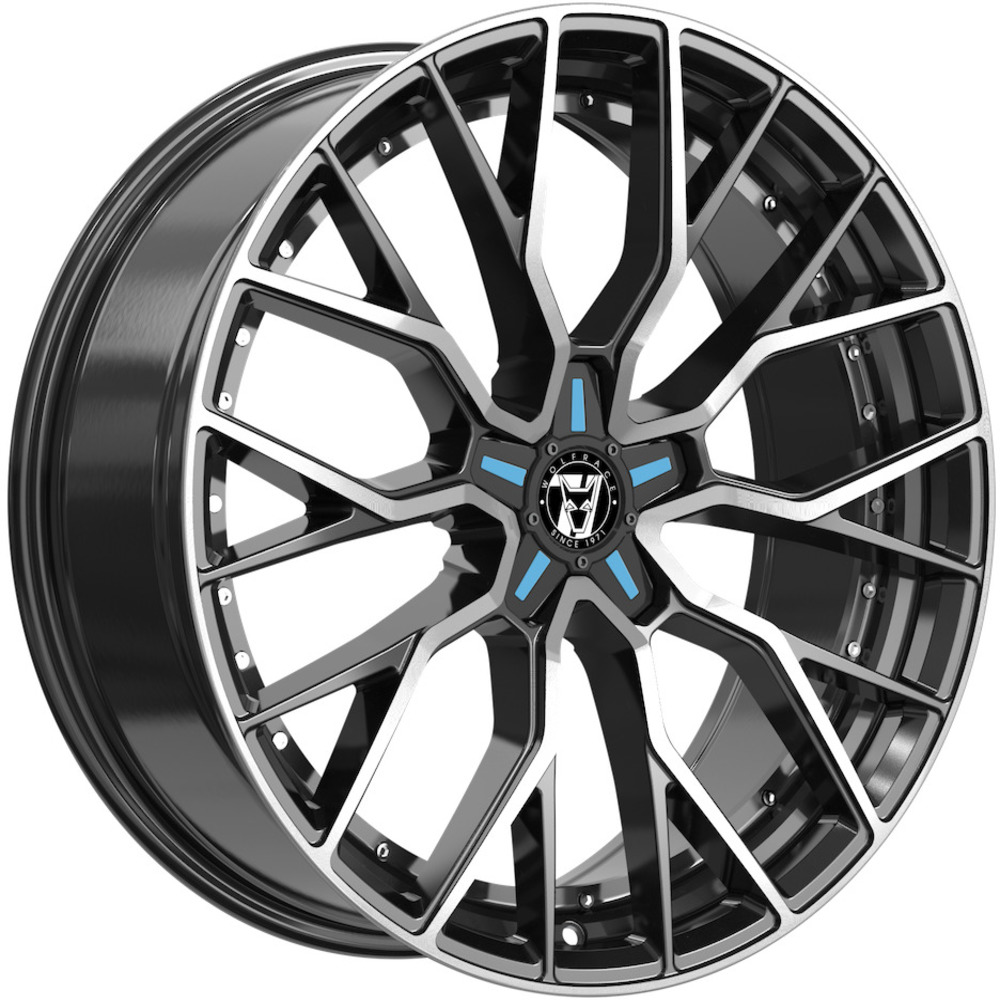 9.5x22 Wolfrace 71 Munich Gtr Custom Gloss Raven Black Polished Blue Inserts Alloy Wheels, Alloy