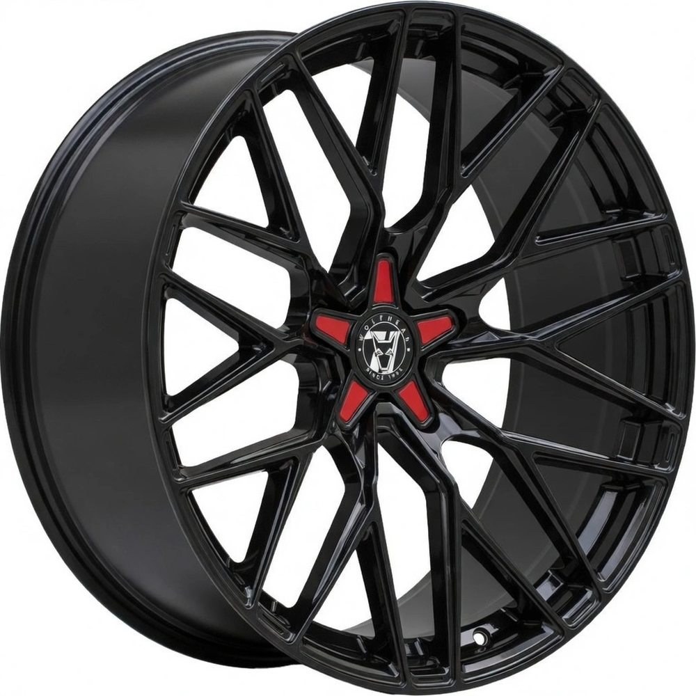 8.5x18 Wolfrace 71 Wolfsburg GTR Gloss Raven Black Red Inserts