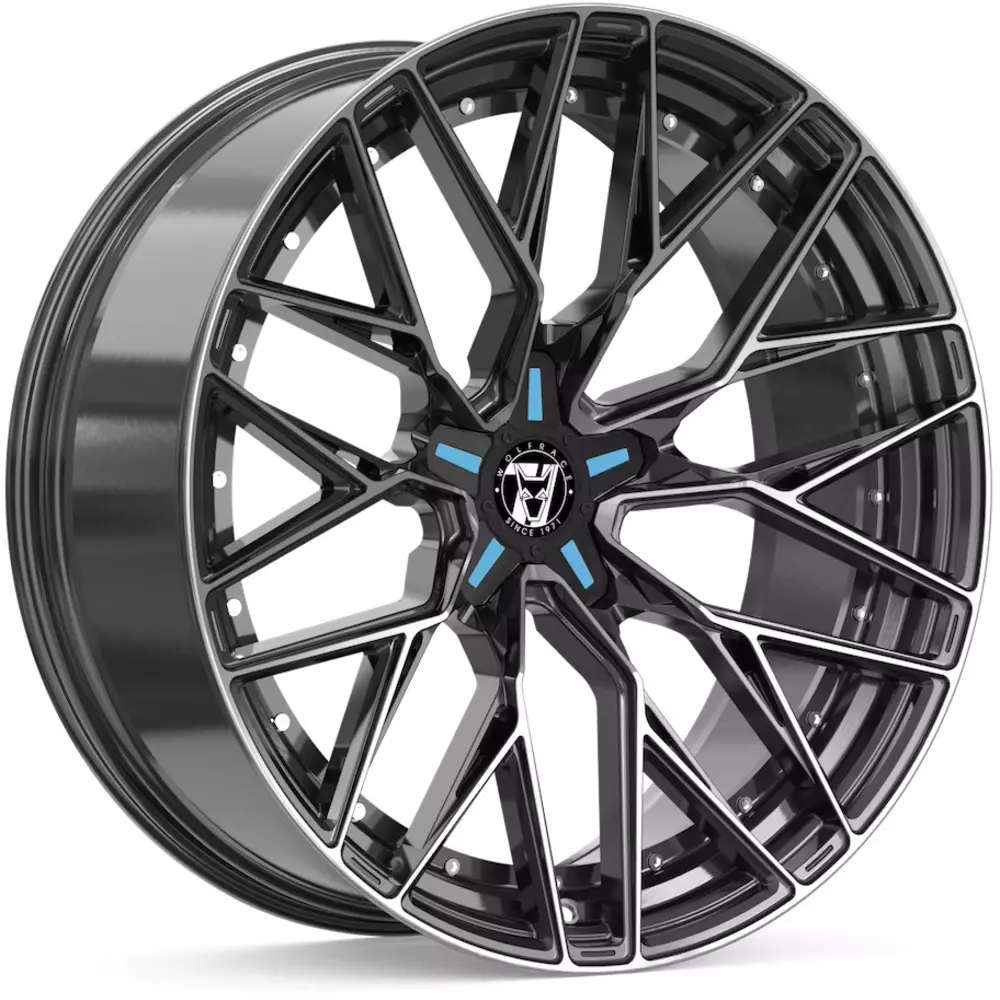 8.5x20 Wolfrace 71 Wolfsburg GTR Custom Gloss Raven Black Polished Blue Inserts