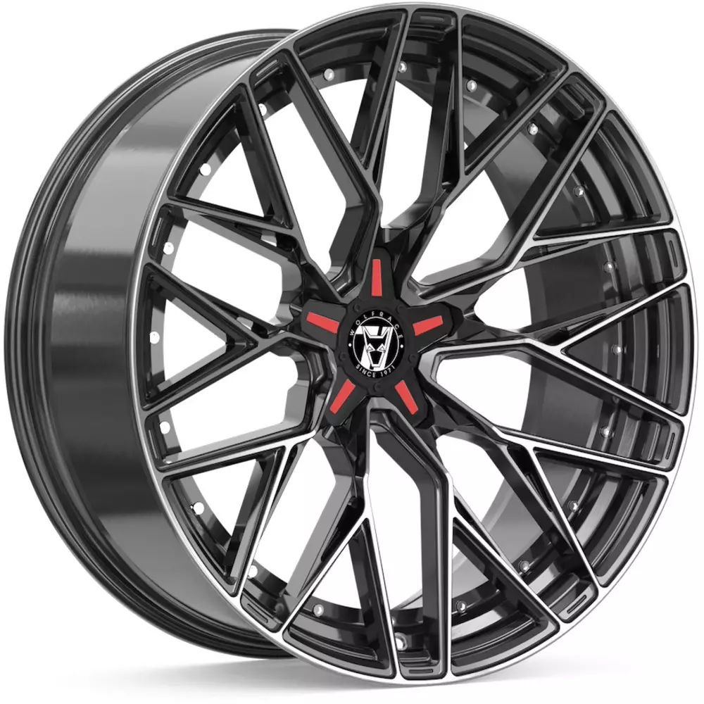 8.5x19 Wolfrace 71 Wolfsburg GTR Custom Gloss Raven Black Polished Red Inserts