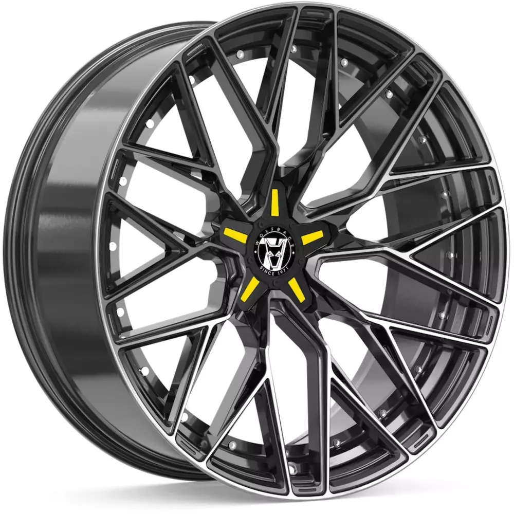 8.5x18 Wolfrace 71 Wolfsburg GTR Custom Gloss Raven Black Polished Yellow Inserts