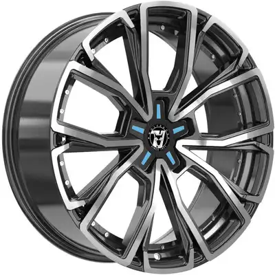 8.5x19 Wolfrace 71 Matrix Custom Gloss Raven Black Polished Blue Inserts Alloy Wheels Image