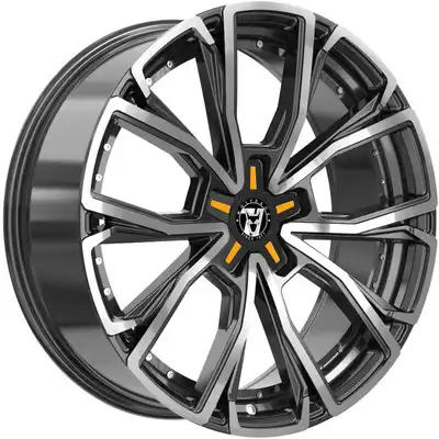 8.5x20 Wolfrace 71 Matrix Custom Gloss Raven Black Polished Orange Inserts Alloy Wheels Image