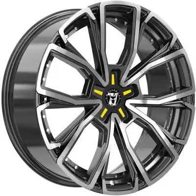 8.5x20 Wolfrace 71 Matrix Custom Gloss Raven Black Polished Yellow Inserts Alloy Wheels Image