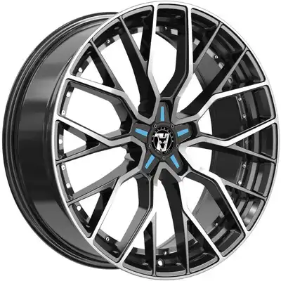 8.5x20 Wolfrace 71 Munich GTR Custom Gloss Raven Black Polished Blue Inserts Alloy Wheels Image