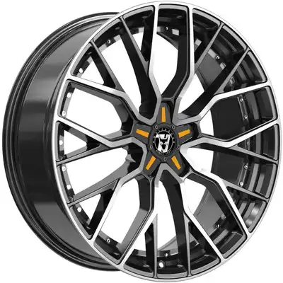 8.5x20 Wolfrace 71 Munich GTR Custom Gloss Raven Black Polished Orange Inserts Alloy Wheels Image