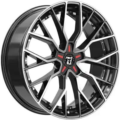 8.5x18 Wolfrace 71 Munich GTR Custom Gloss Raven Black Polished Red Inserts Alloy Wheels Image