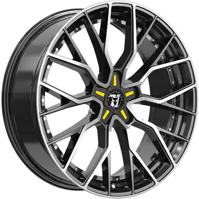 9.5x22 Wolfrace 71 Munich GTR Custom Gloss Raven Black Polished Yellow Inserts Alloy Wheels Image