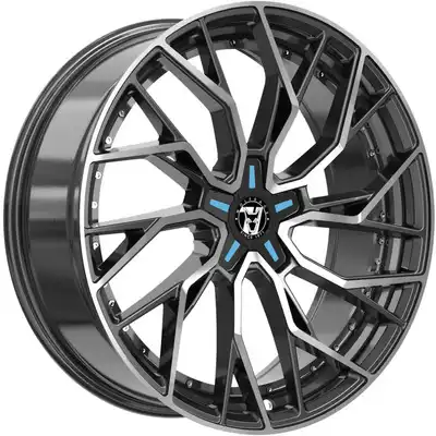 Wolfrace 71 Voodoo Custom Gloss Raven Black Polished Blue Inserts Alloy Wheels Image