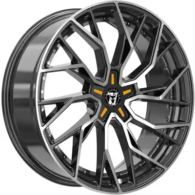 8.5x20 Wolfrace 71 Voodoo Custom Gloss Raven Black Polished Orange Inserts Alloy Wheels Image