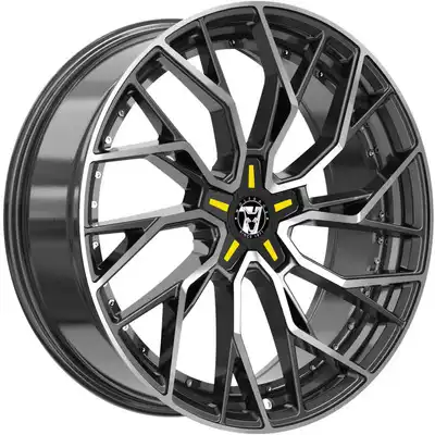 8.5x20 Wolfrace 71 Voodoo Custom Gloss Raven Black Polished Yellow Inserts Alloy Wheels Image