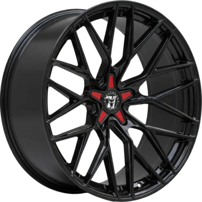 8.5x18 Wolfrace 71 Wolfsburg GTR Gloss Raven Black Red Alloy Wheels