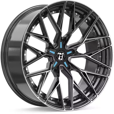 8.5x19 Wolfrace 71 Wolfsburg GTR Custom Gloss Raven Black Polished Blue Inserts Alloy Wheels Image