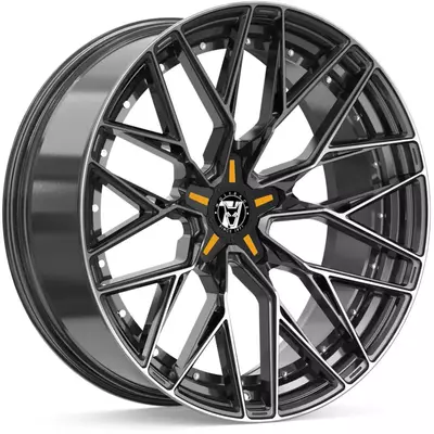 Large 8.5x20 Wolfrace 71 Wolfsburg GTR Custom Gloss Raven Black Polished Orange Inserts