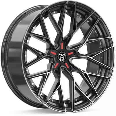 9.5x20 Wolfrace 71 Wolfsburg GTR CUSTOM Gloss Raven Black Polished Red Inserts Alloy Wheels Image